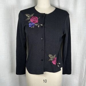 Vintage 90s Mirasol Cardigan Black‎ Embroidered Floral Medium Cottagecore Granny